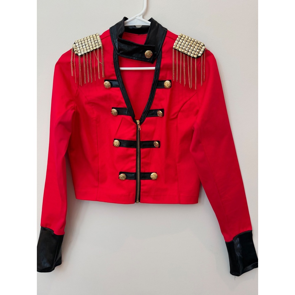 Red Military Cropped Jacket Gold Studded Epaulettes Chain Fringe Ringmaster M
